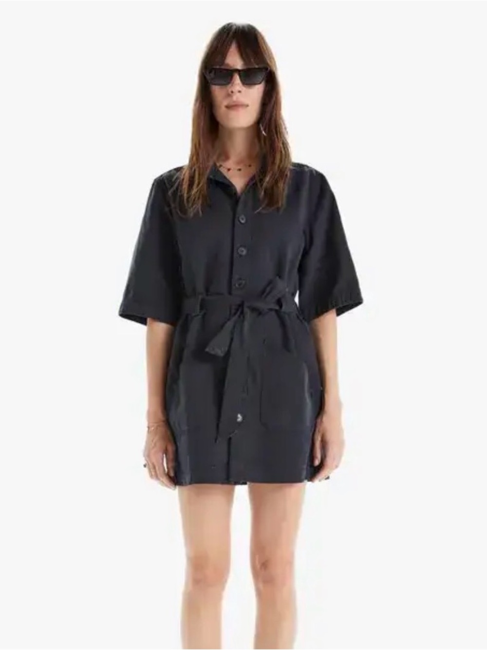 Mother the Elbow Grease Short Sleeve Button-Front Shirt Dress Belted Denim Black